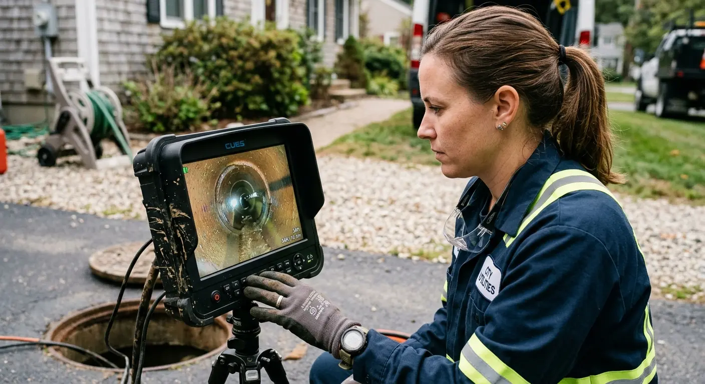 Technician reviewing sewer camera inspection footage in Abilene
