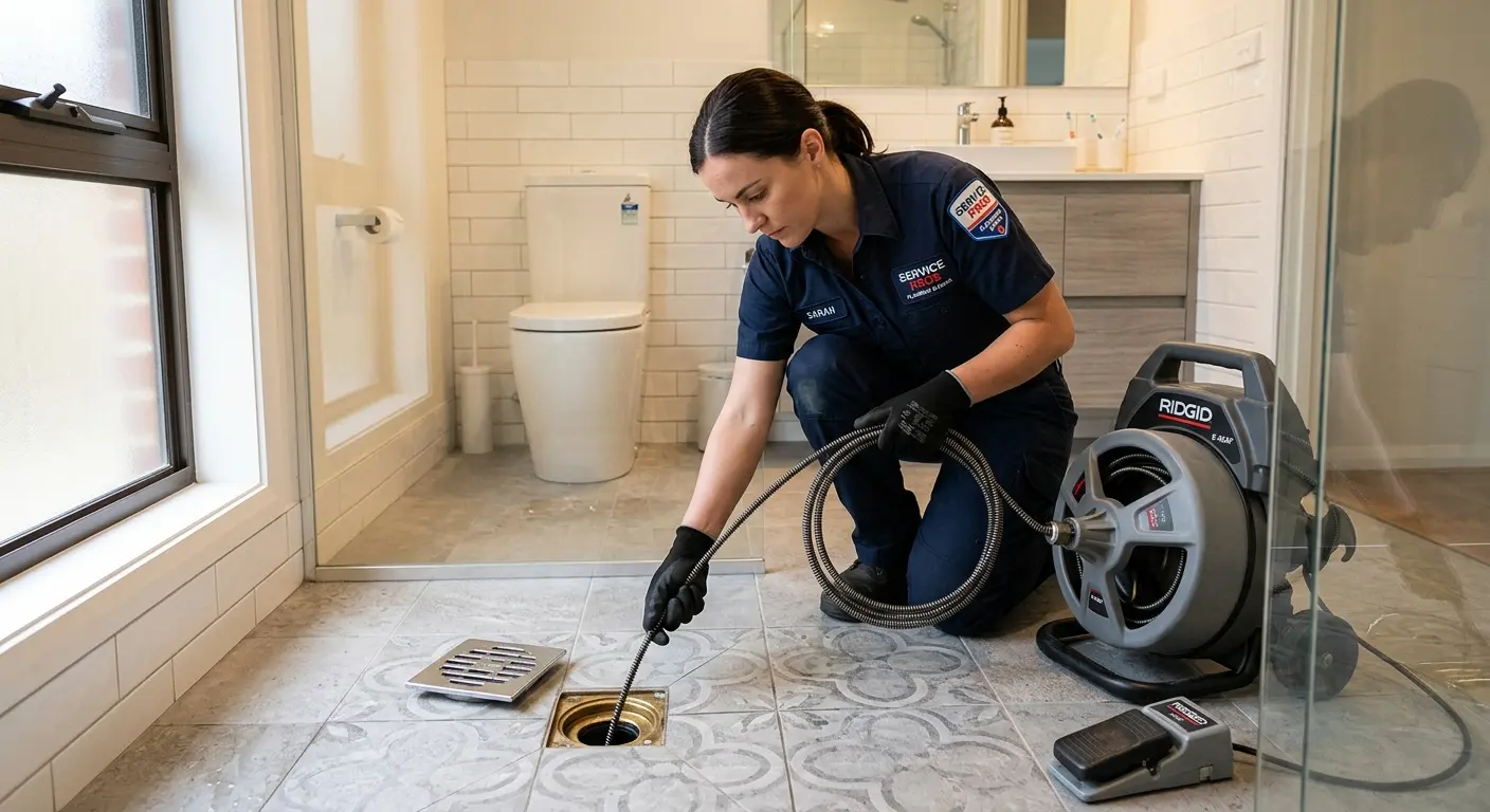 Technician clearing a bathroom floor drain for Hydro Jetting in Abilene
